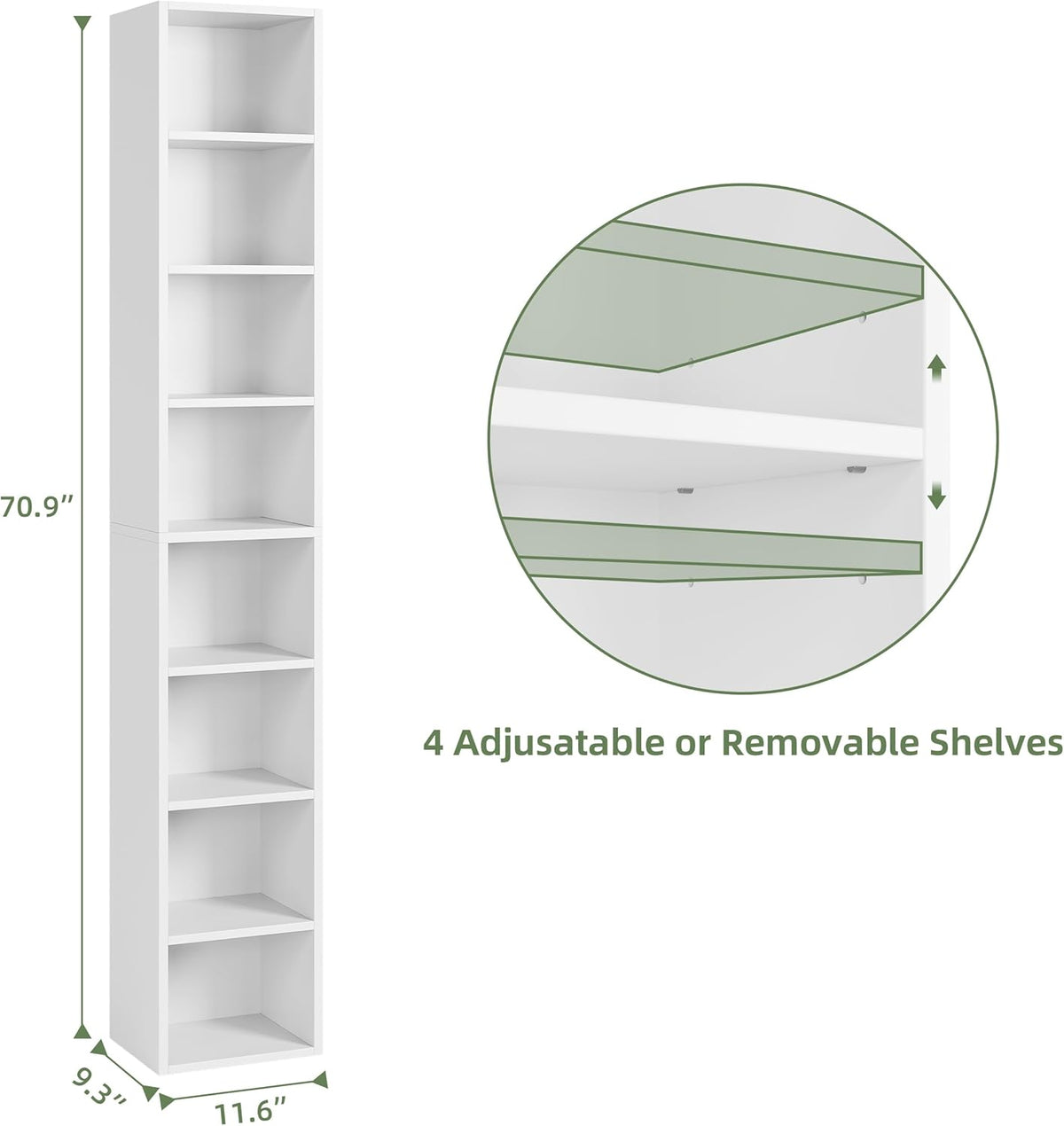 White 8-Tier Narrow Bookshelf with Adjustable Shelves L811