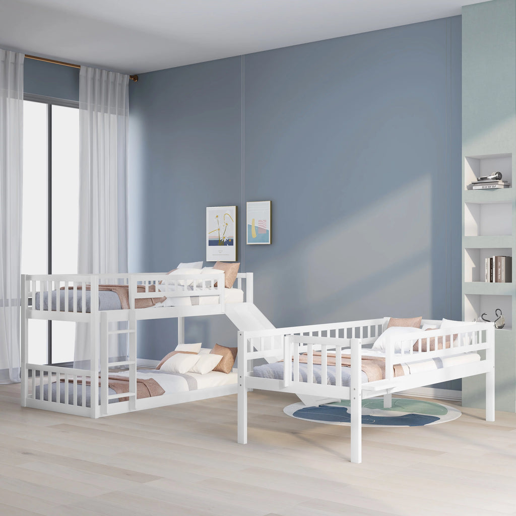 White Wood Triple Bunk Bed with Slide and Ladder C2161