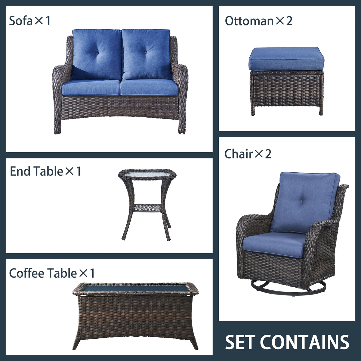 Blue 7Pcs Outdoor Rattan Patio Furniture Set with Cushion R857