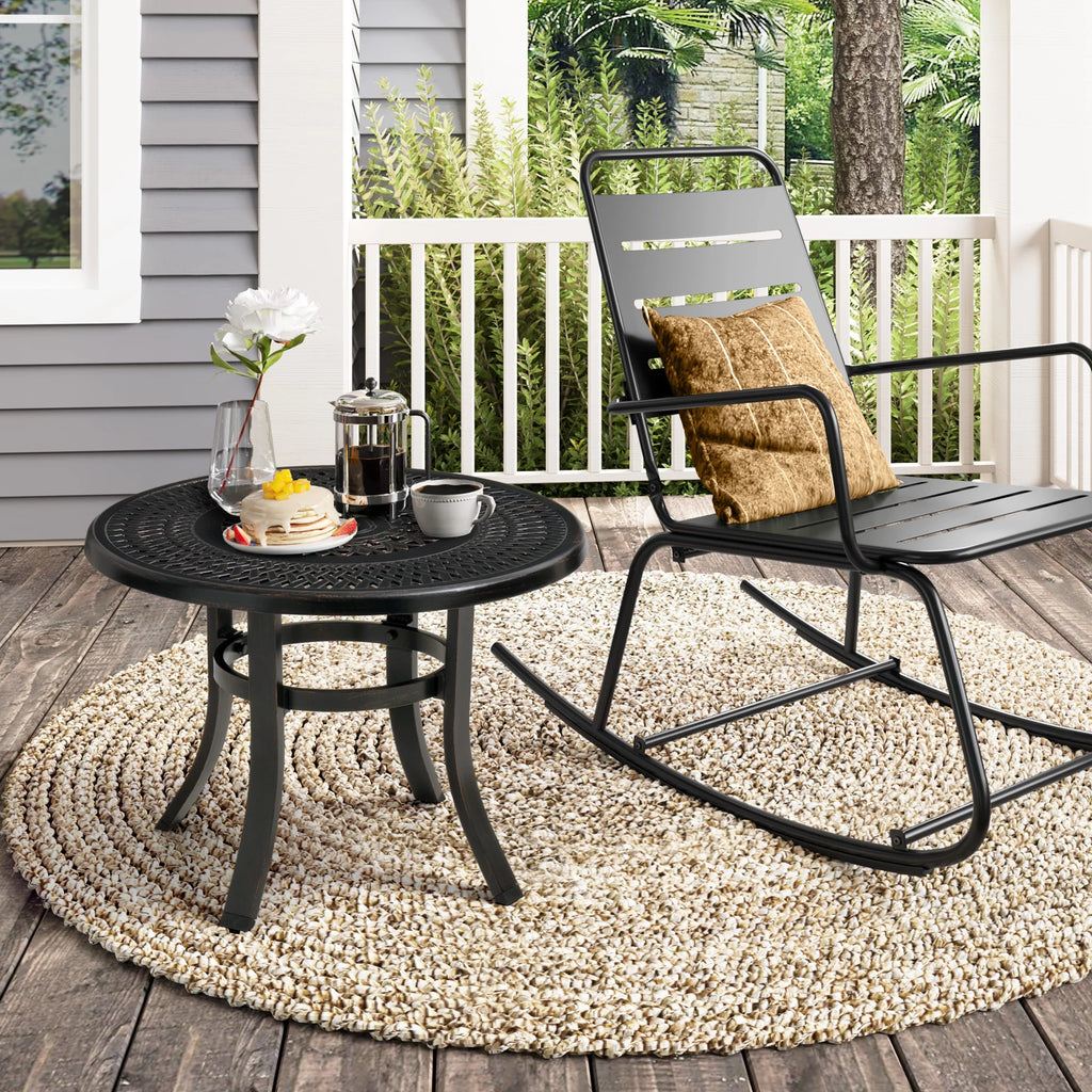Cast Aluminum Round Patio Side Table with Umbrella Hole Black G28439