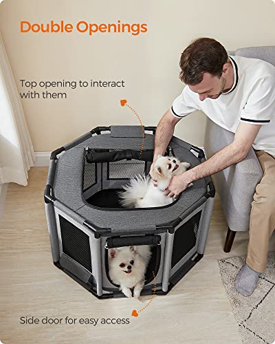 Oxford Fabric Dog Playpen, L, 44.1 x 44.1 x 24.4 Inches, PVC Pipe Frame, Breathable Mesh, Double Openings, Dove Gray and Slate Gray O3922