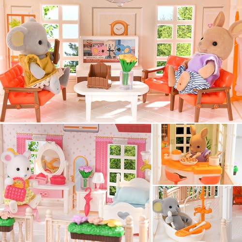 Dollhouse with 4 Doll Toy Figures, Pool Slide, Elevator, Furniture and Lights D403294