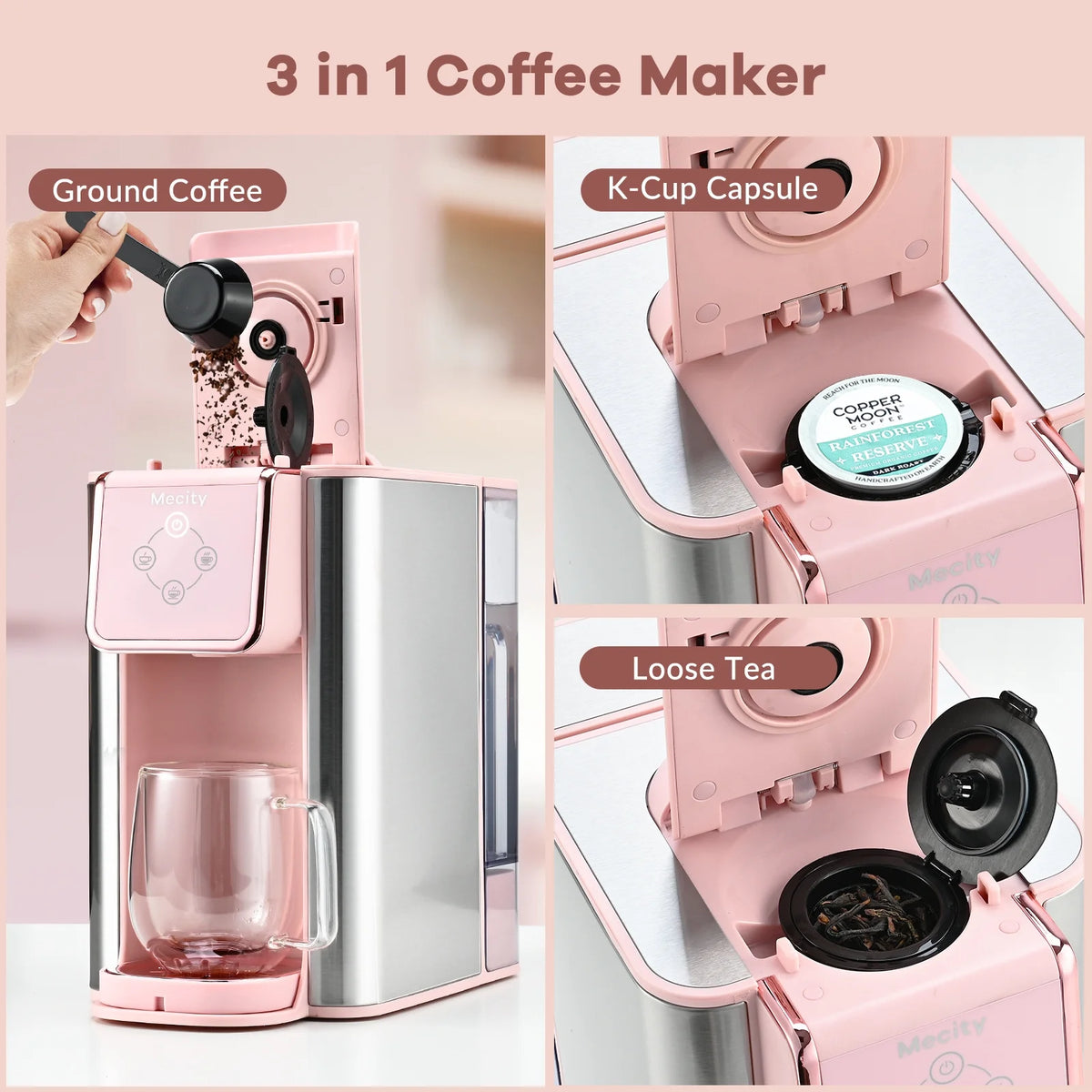 Pink 3-in-1 Single Serve Coffee Machine with Removable 50 Oz Water Reservoir Q196504