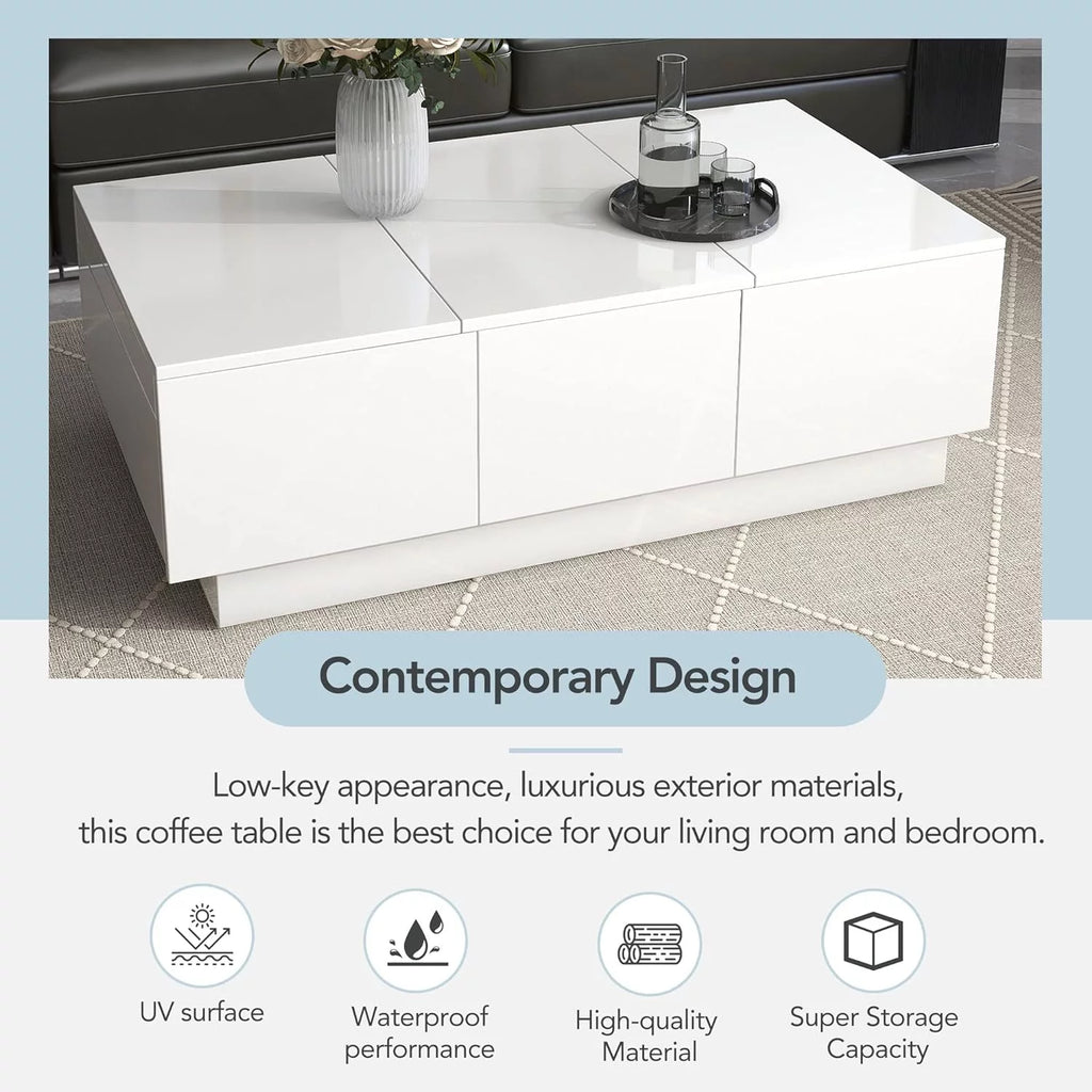 Extendable Coffee Table with 2 Drawers and Sliding Top, 39.3" White A108