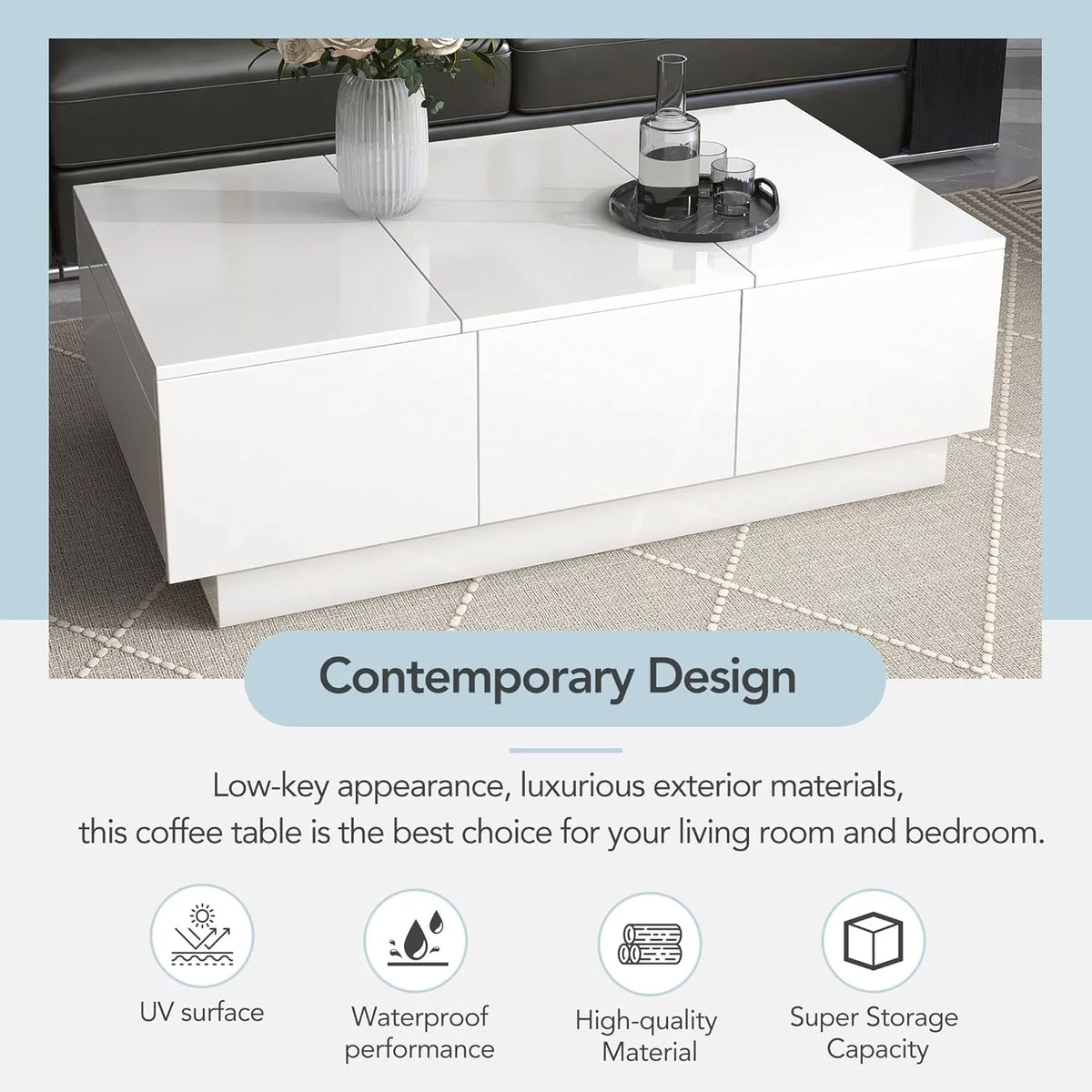 Extendable Coffee Table with 2 Drawers and Sliding Top, 39.3" White A108