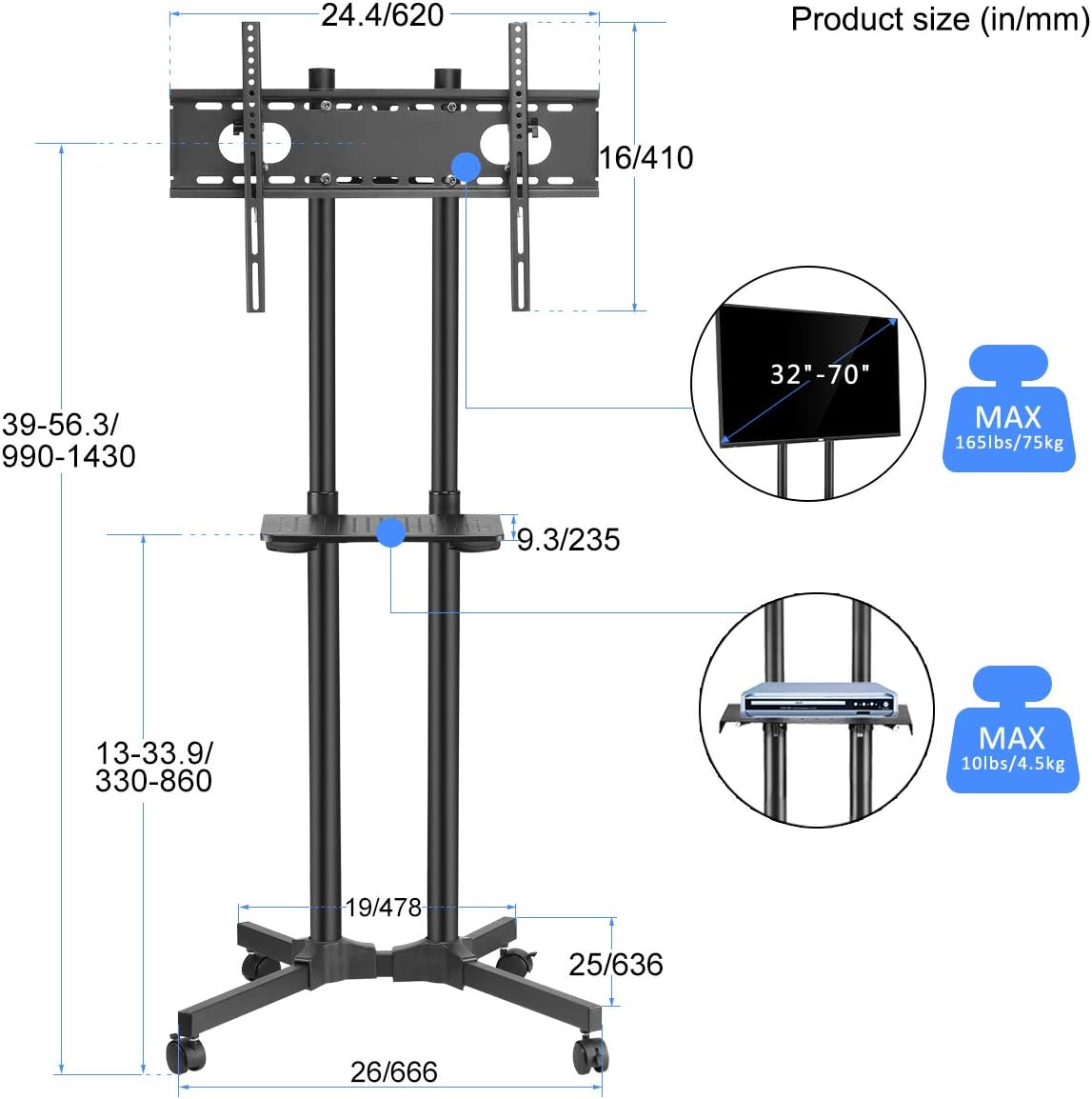 Mobile TV Cart Rolling TV Stand with Wheels and Shelf for 32-70 inch Flat Screen O798