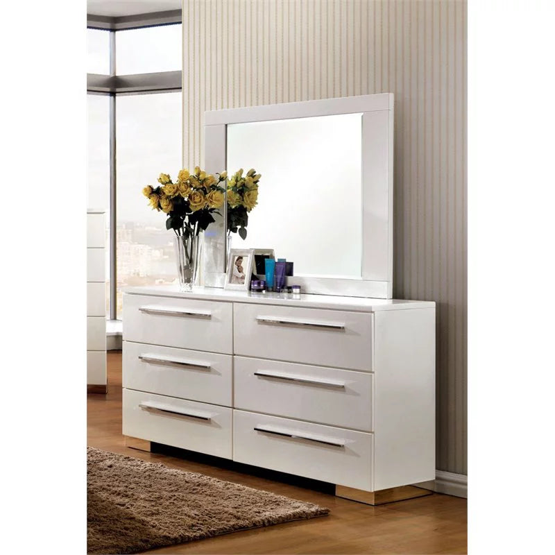 4pc Glossy White Wood Bedroom Set King Nightstand Dresser Mirror Y709890