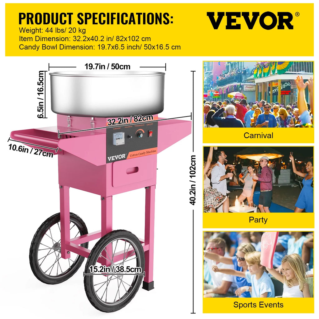 21" Pink Stainless Steel Cotton Candy Machine with Cart E405