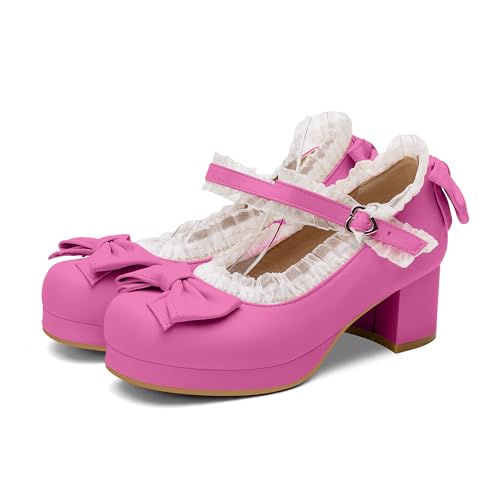 Womens Platform Mary Jane Shoes Ankle Strap Block Mid Thick Heel Pumps with Bow and Lace G260474