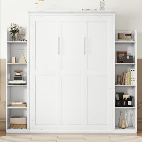 White Full Size Wood Murphy Bed with Shelves and Led Lights B613