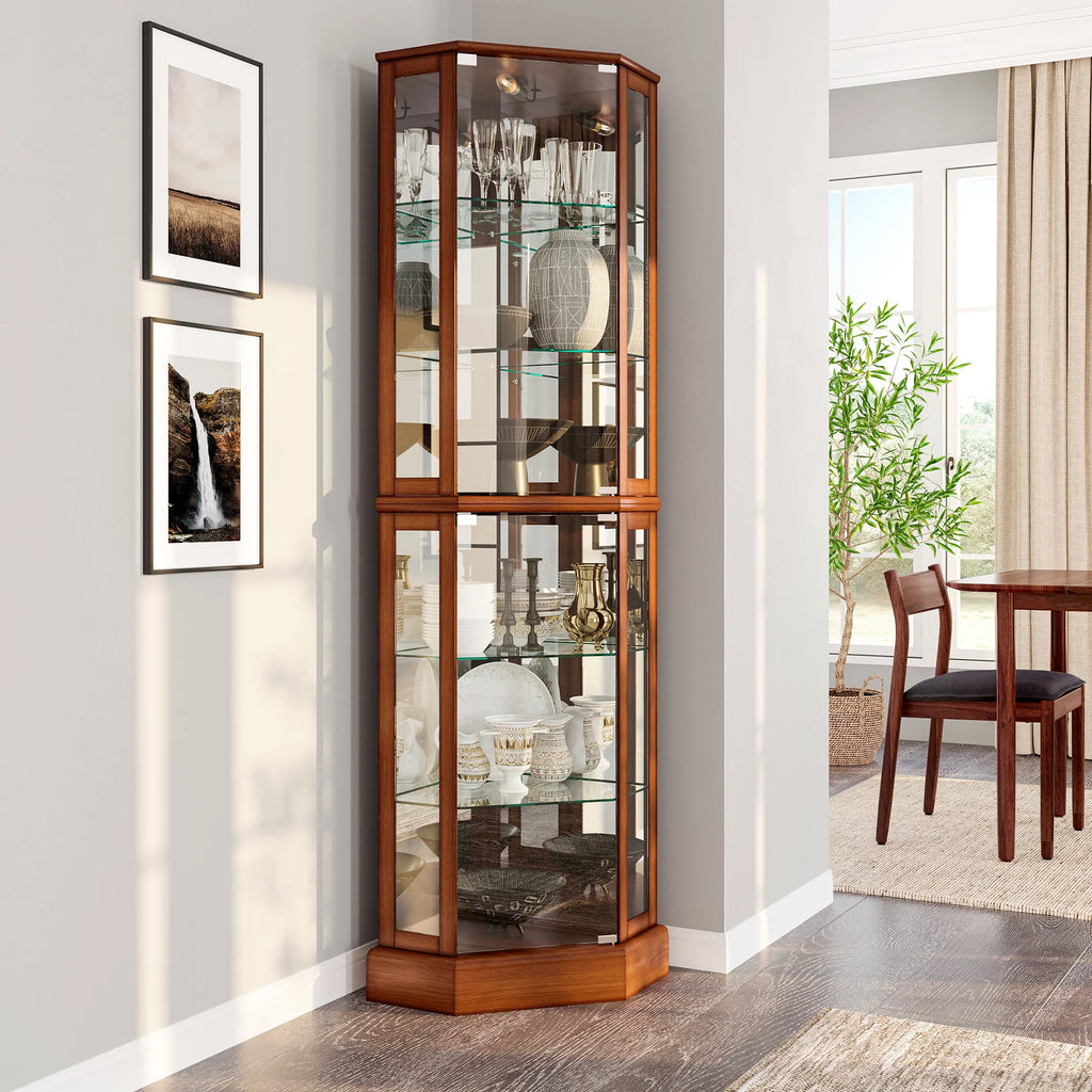 Lighted Corner Curio Cabinet with Tempered Glass Doors and Shelves J645912