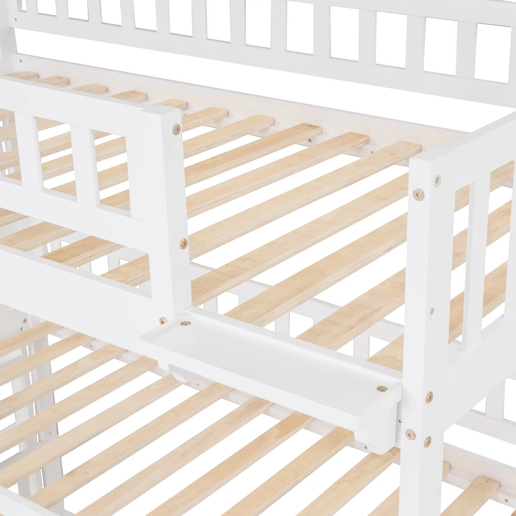 White Wood Triple Bunk Bed with Slide and Ladder C2161