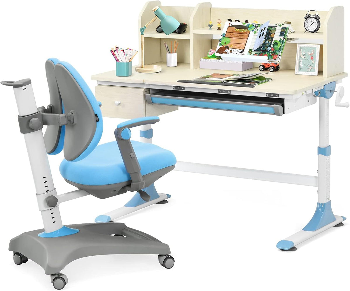 Kids Desk and Chair Set, Height Adjustable Study Desk with Drawer, Ergonomic Student Chair (Gray) D6127