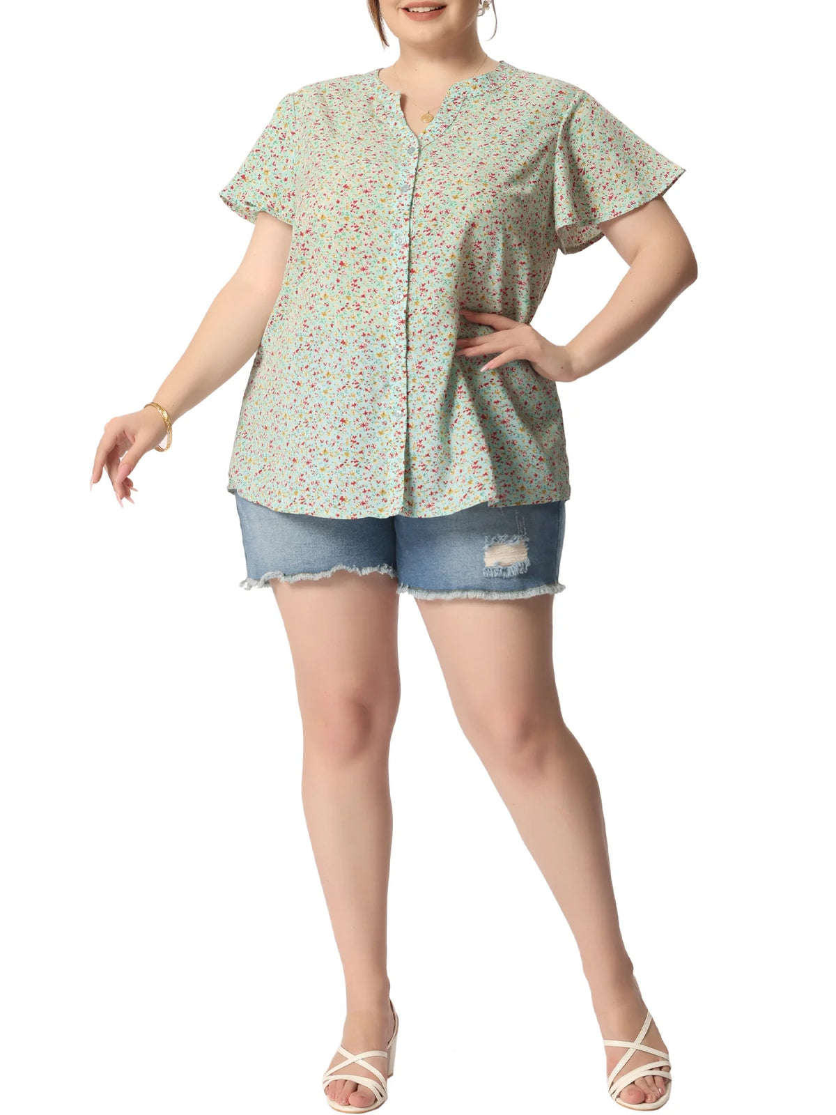 Plus Size Button Down Flare Short Sleeve Chiffon Blouse E414