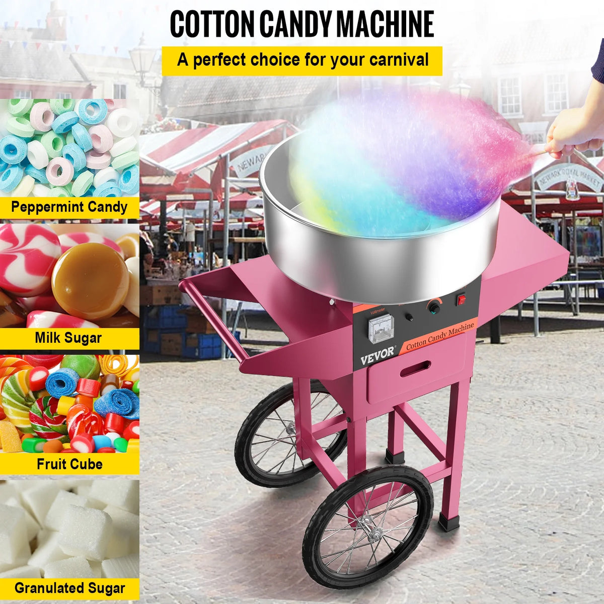 21" Pink Stainless Steel Cotton Candy Machine with Cart E405