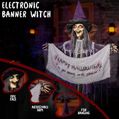 Hanging Animated Witch Decoration with Banner T7620