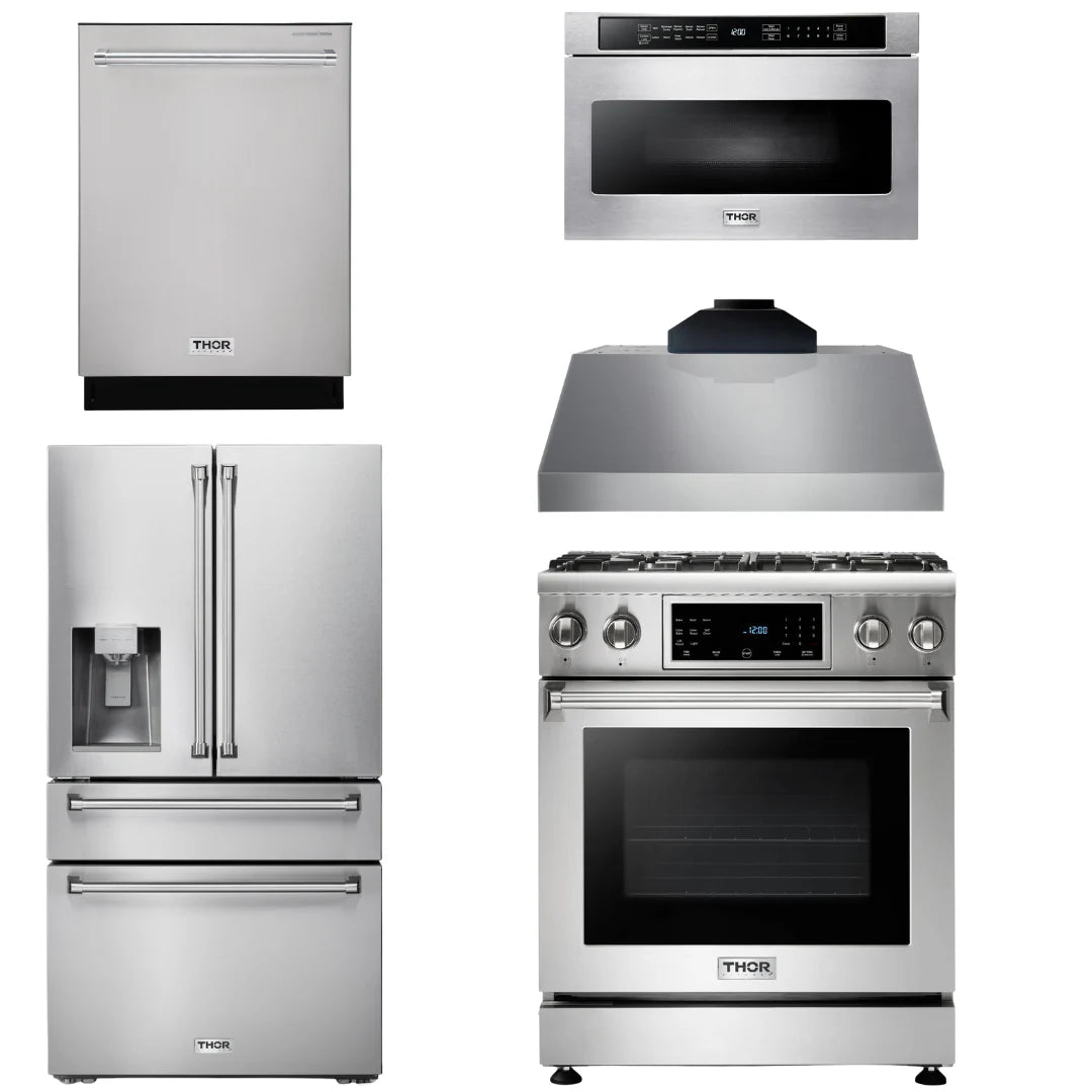30 In. Propane Gas Range, Range Hood, Microwave Drawer, Refrigerator, Dishwasher E39305