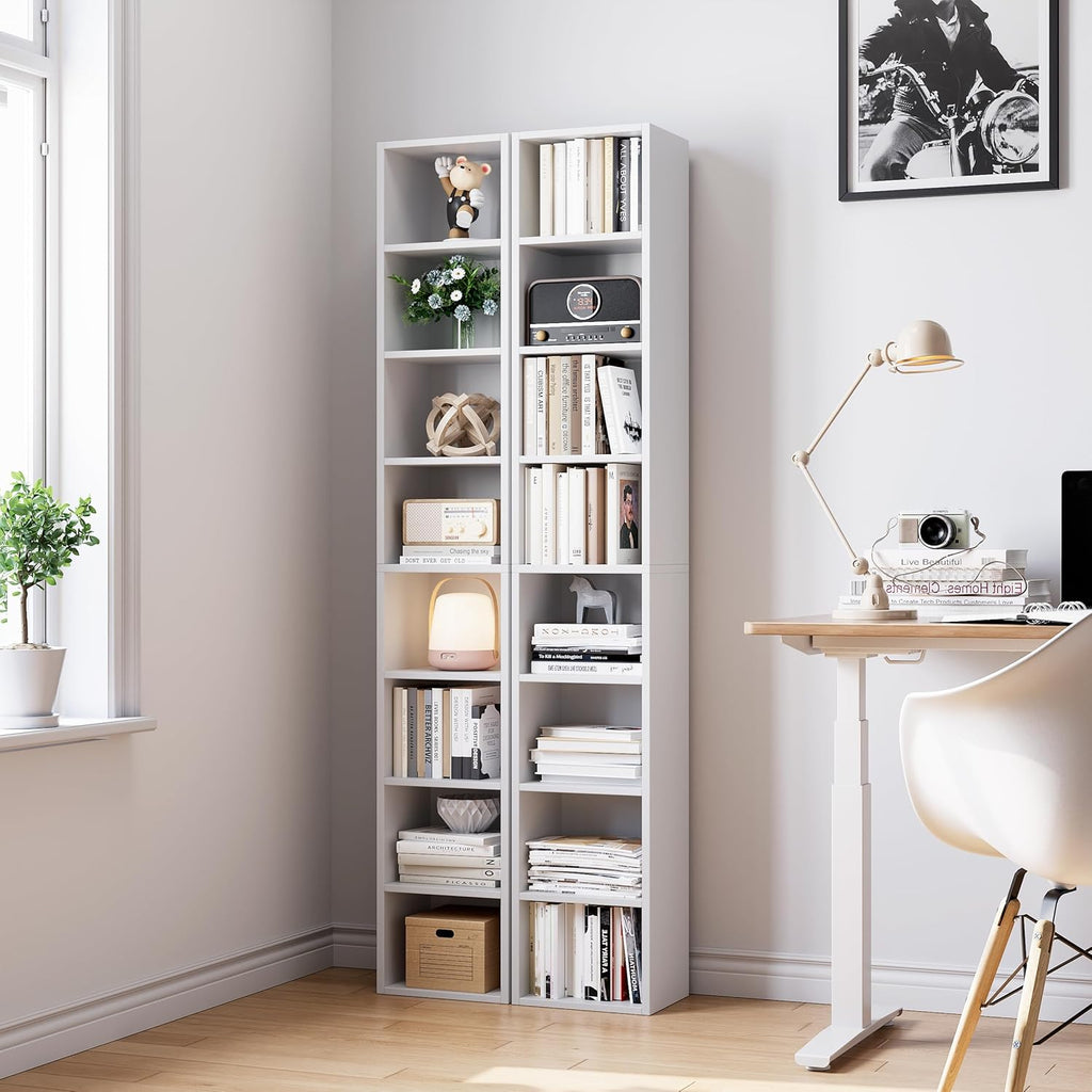 White 8-Tier Narrow Bookshelf with Adjustable Shelves L811