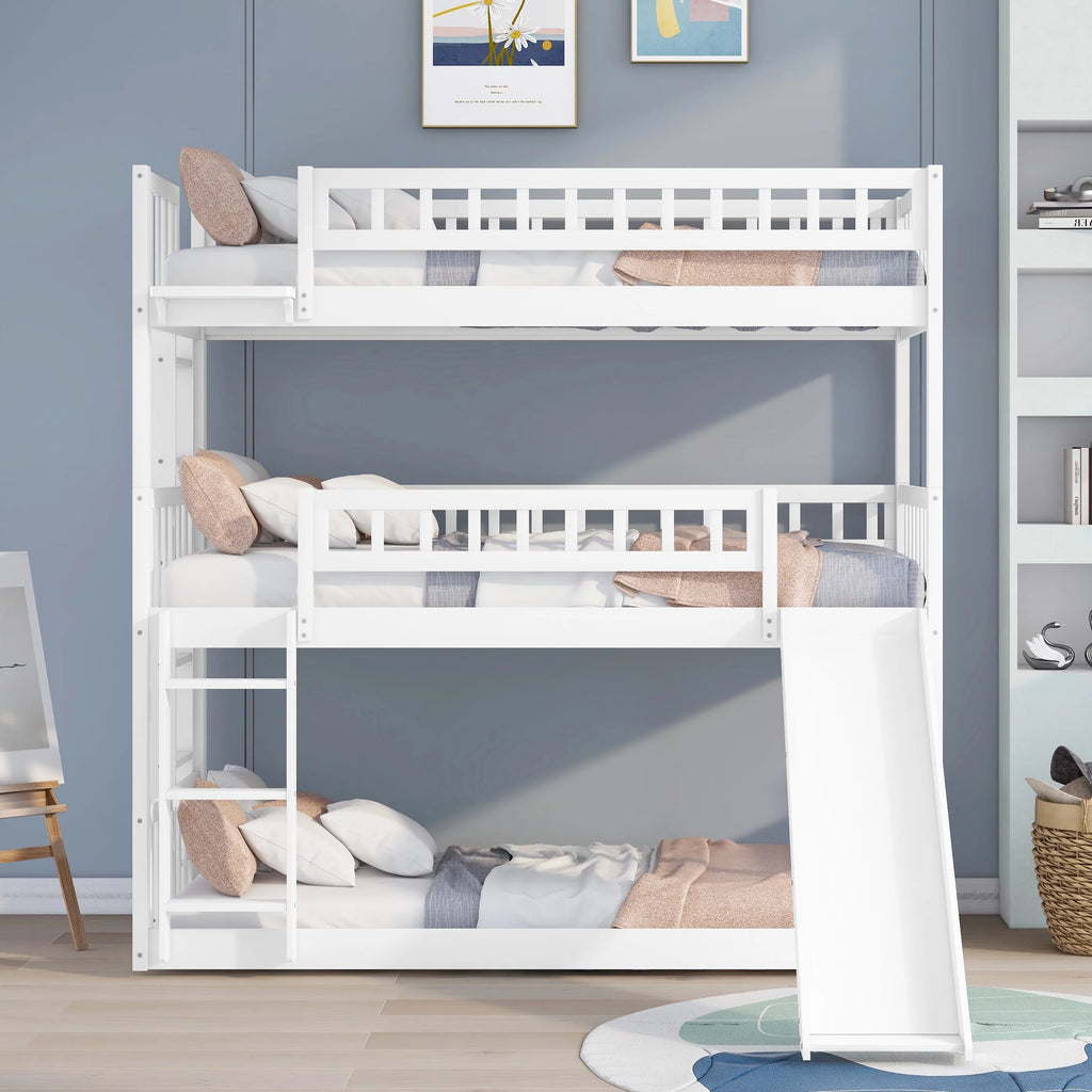 White Wood Triple Bunk Bed with Slide and Ladder C2161