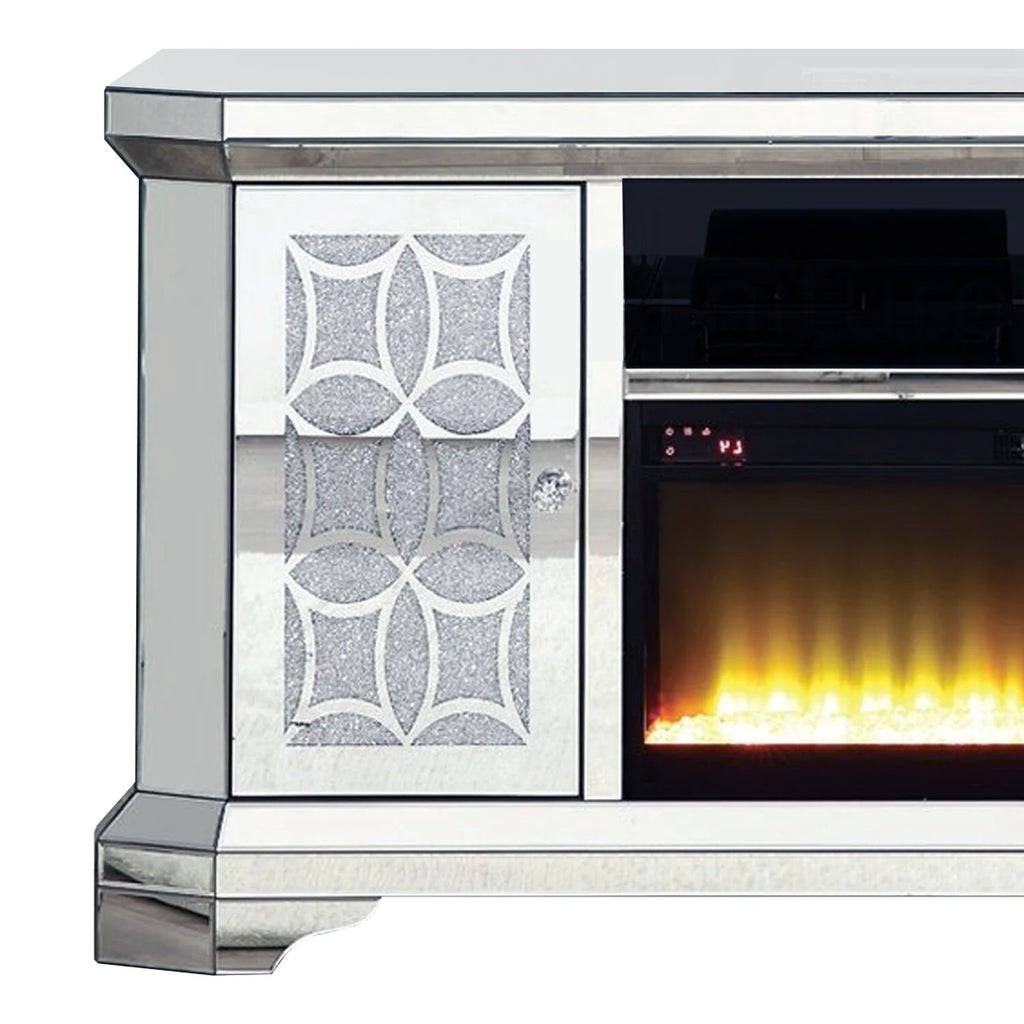Mirrored TV Stand with Fireplace and 2 Storage Doors R7565