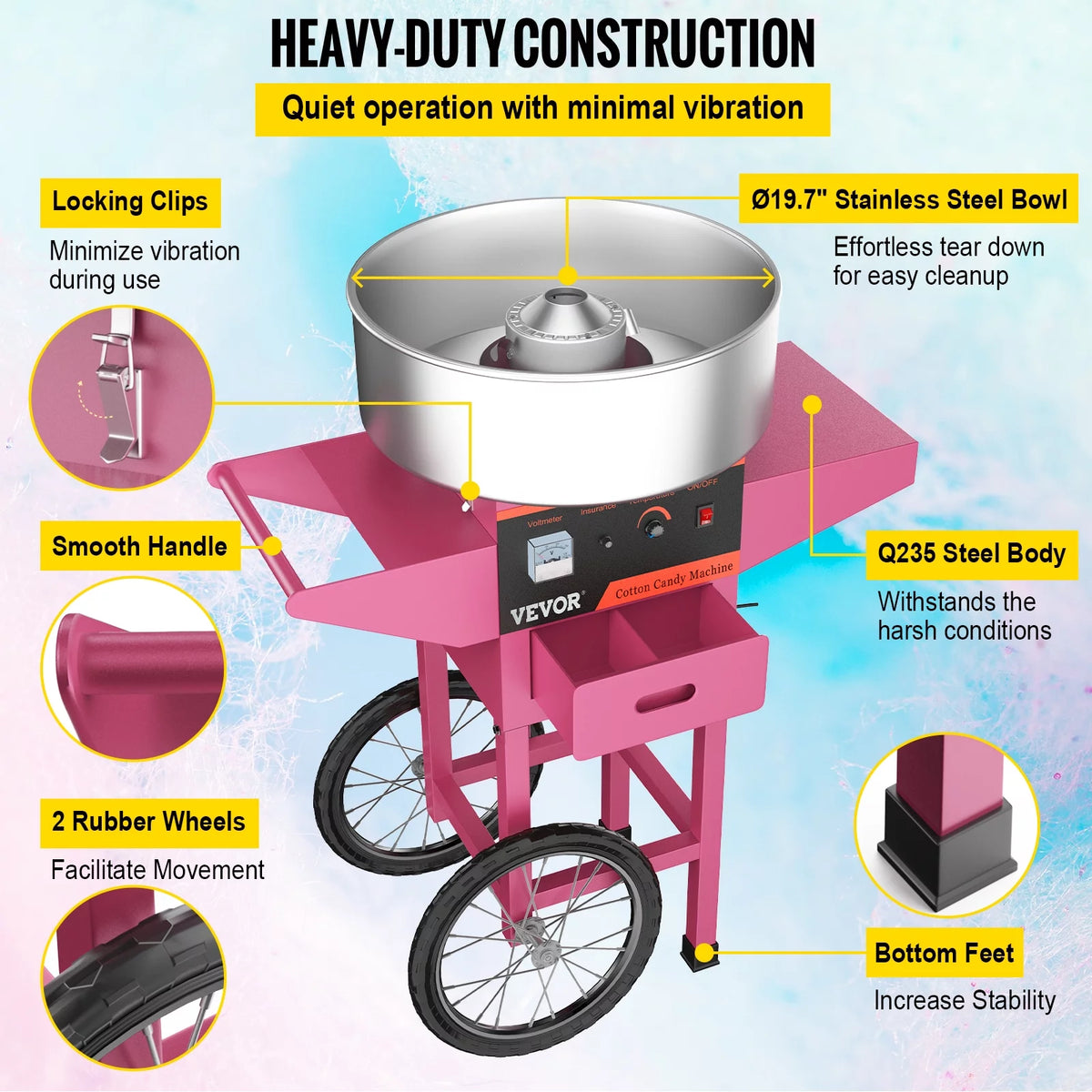 21" Pink Stainless Steel Cotton Candy Machine with Cart E405