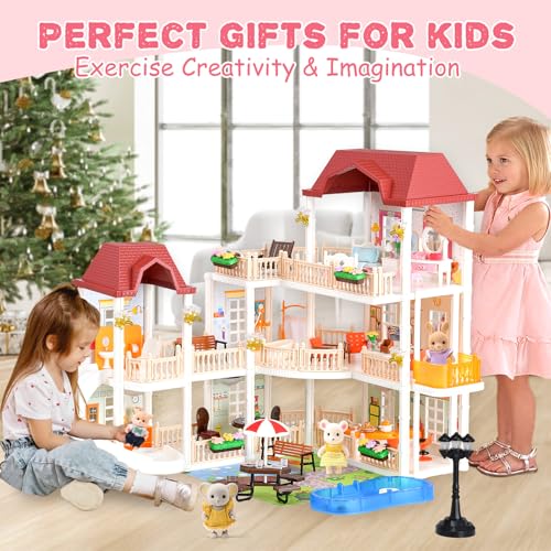 Dollhouse with 4 Doll Toy Figures, Pool Slide, Elevator, Furniture and Lights D403294