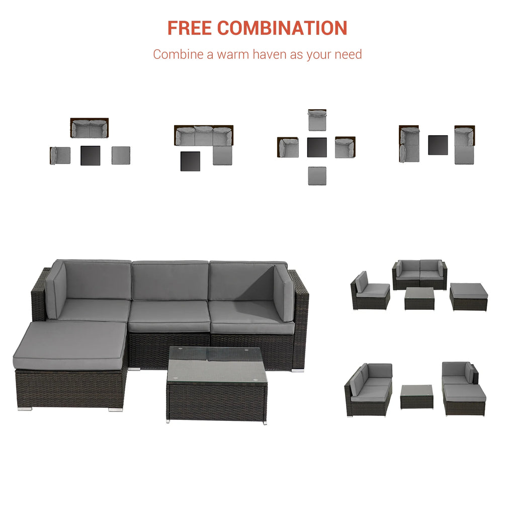 5 Pcs Gray PE Wicker Sectional Sofa Set with Tea Table and Ottoman G56416