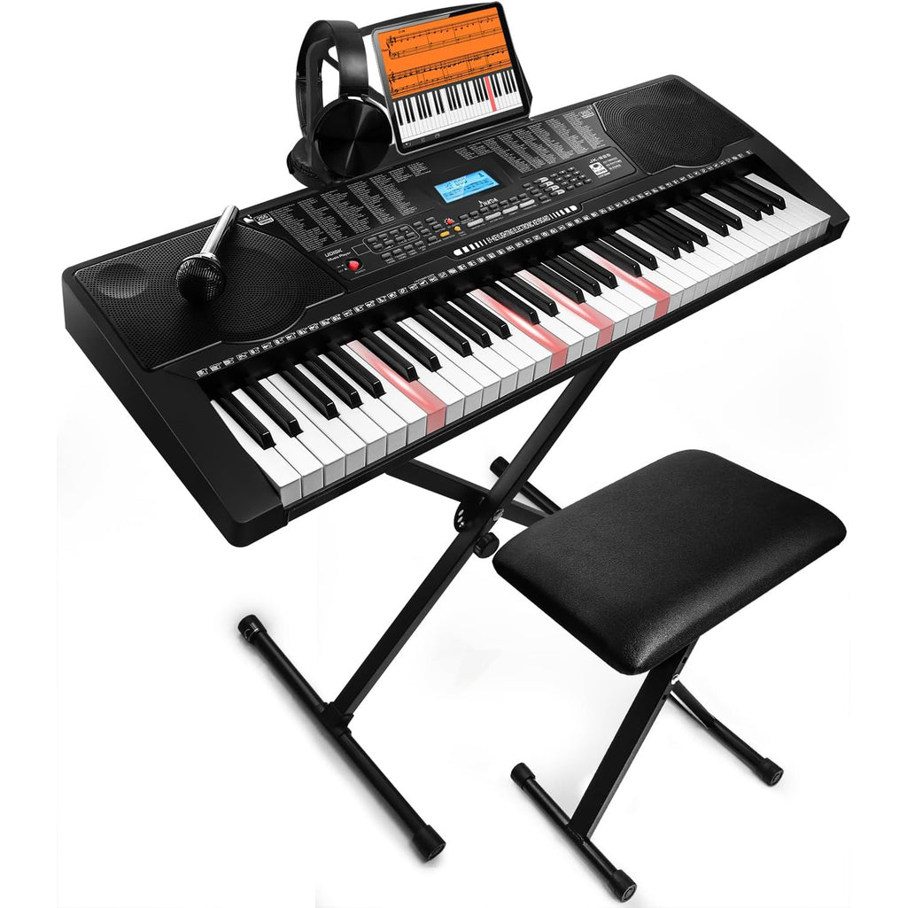 61 Key Portable Electronic Keyboard Piano with Lighted Full Size Keys, LCD, Headphones, X-Stand, Stool, Music Rest, Microphone, Note Stickers, Built-In Speakers, 3 Teaching Modes Y83073
