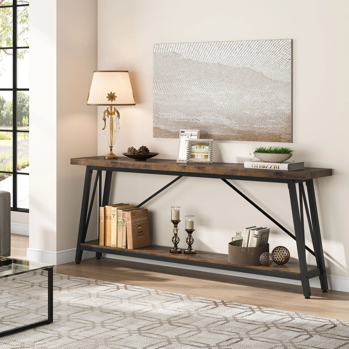 70.9 Inch Light Brown Black Wood Console Table P66574