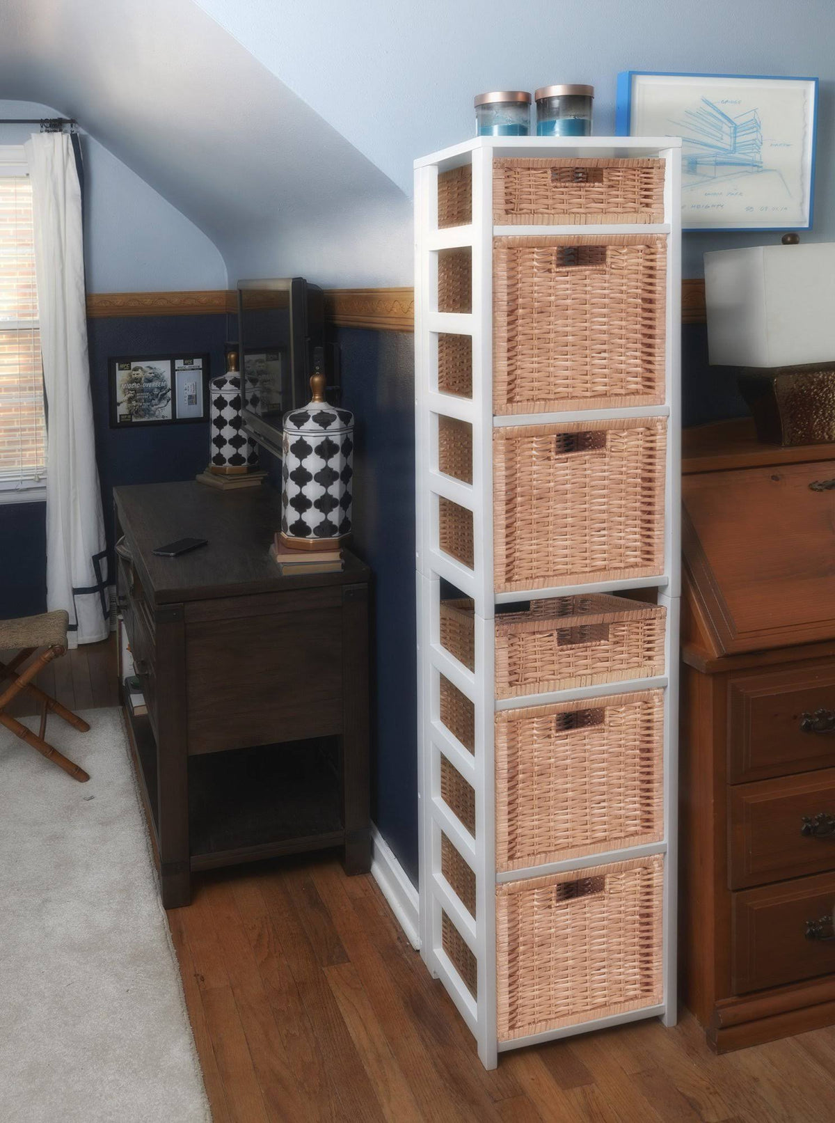 White/Natural Square Folding Bookcase with Wicker Storage Baskets H865