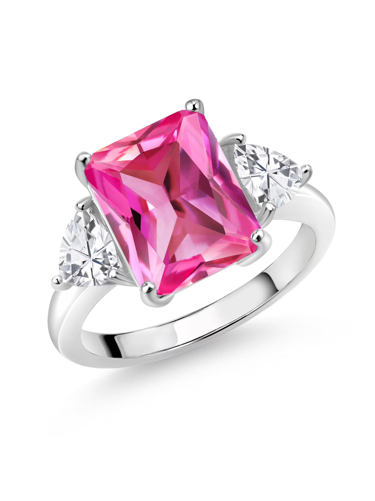 Pink Created Sapphire 3 Stone Sterling Silver Ring K153873
