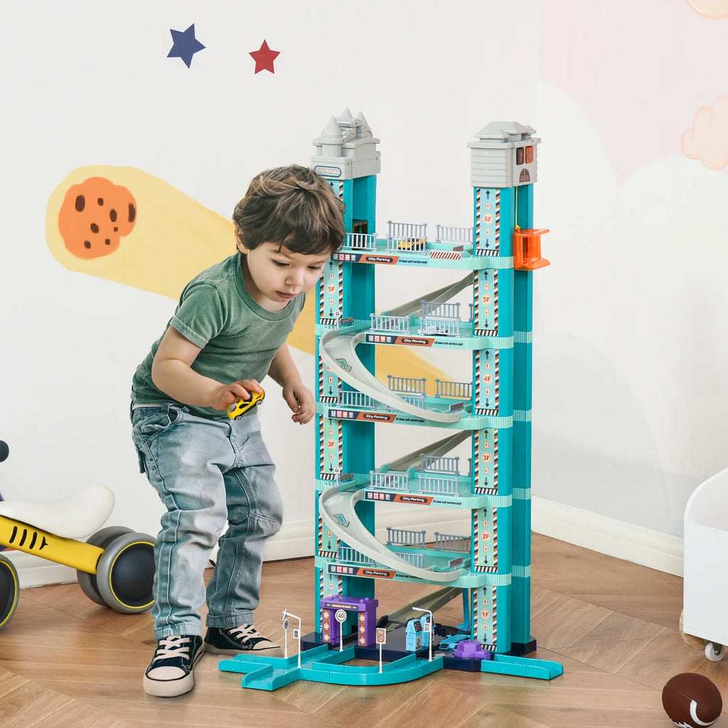 City Garage Playset with 98 Pieces Accessories Set, 6-Level Car Parking Playsets Toy with Manual and Electric Elevators Wash, Gas, Ejector & Car Repair Station S29705