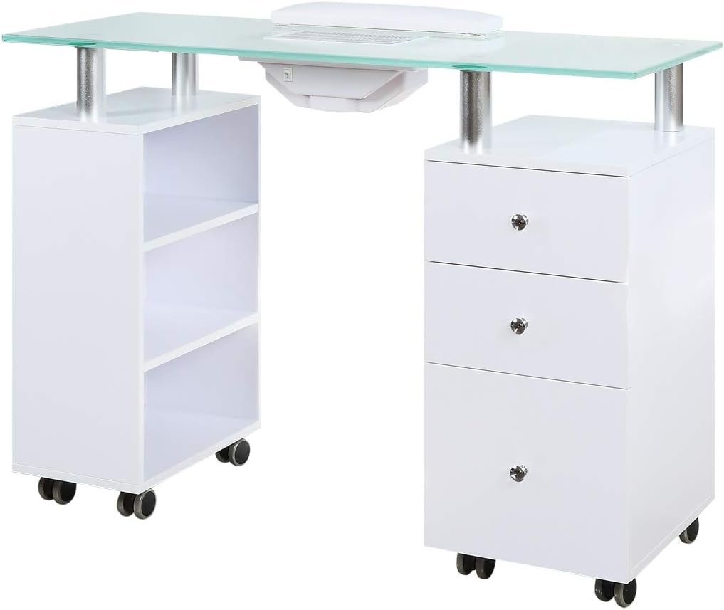 Glass Top Manicure Table with Draft Vent White W773