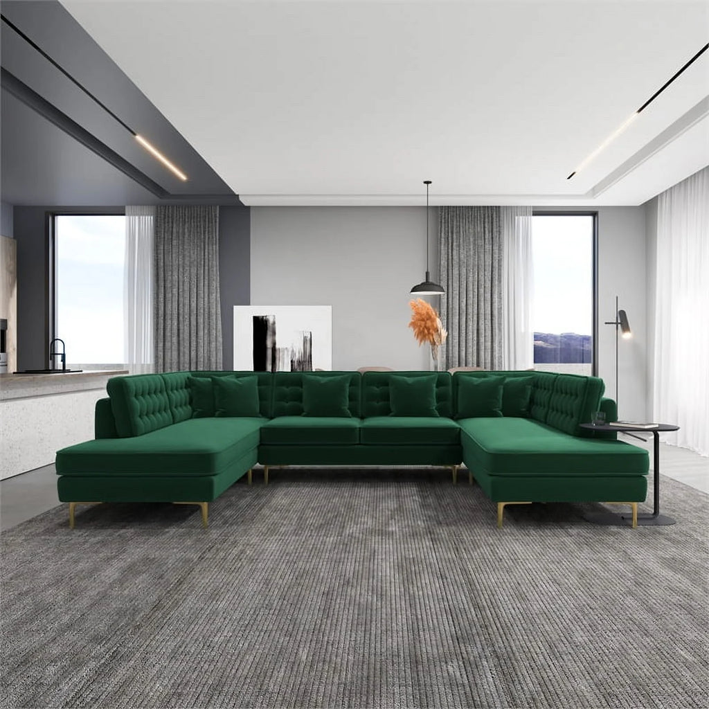 Green Velvet U-Shaped Sectional Couch A376