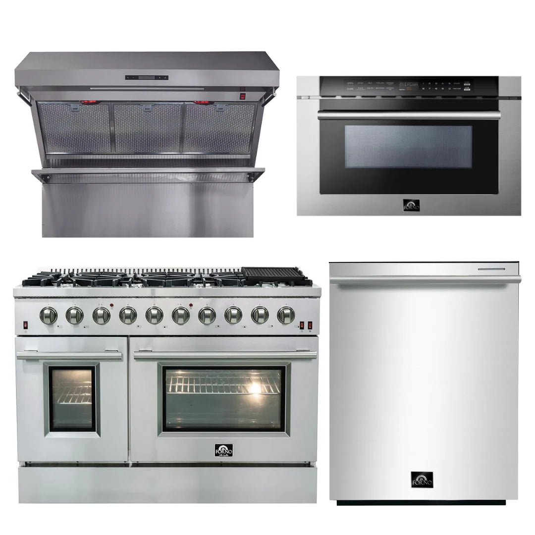 48 Inch Gas Range, Wall Mount Range Hood, Microwave Drawer, Dishwasher F9956