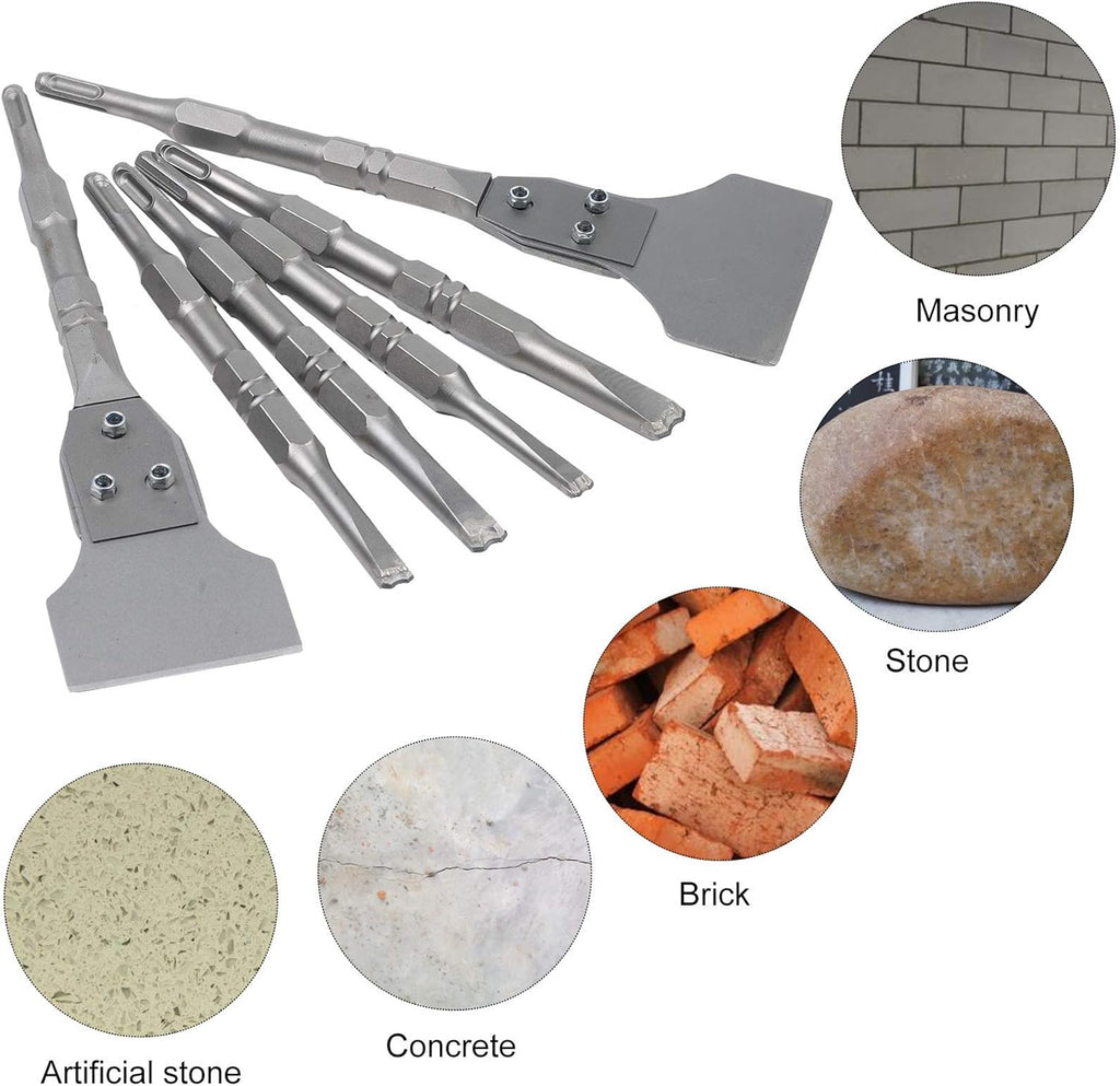6PCS SDS Plus Floor Scraper Tool and Alloy Hammer Drill Chisel Bits with Groove Gouge Wall Scraper with Case J28812