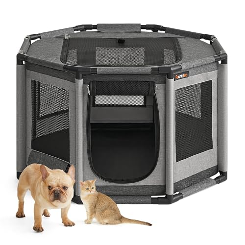 Oxford Fabric Dog Playpen, L, 44.1 x 44.1 x 24.4 Inches, PVC Pipe Frame, Breathable Mesh, Double Openings, Dove Gray and Slate Gray O3922
