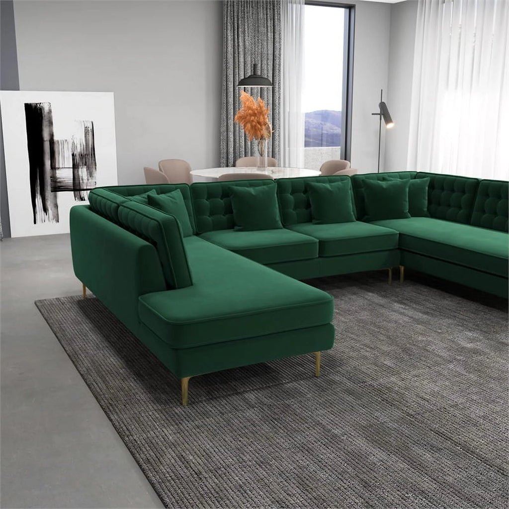 Green Velvet U-Shaped Sectional Couch A376
