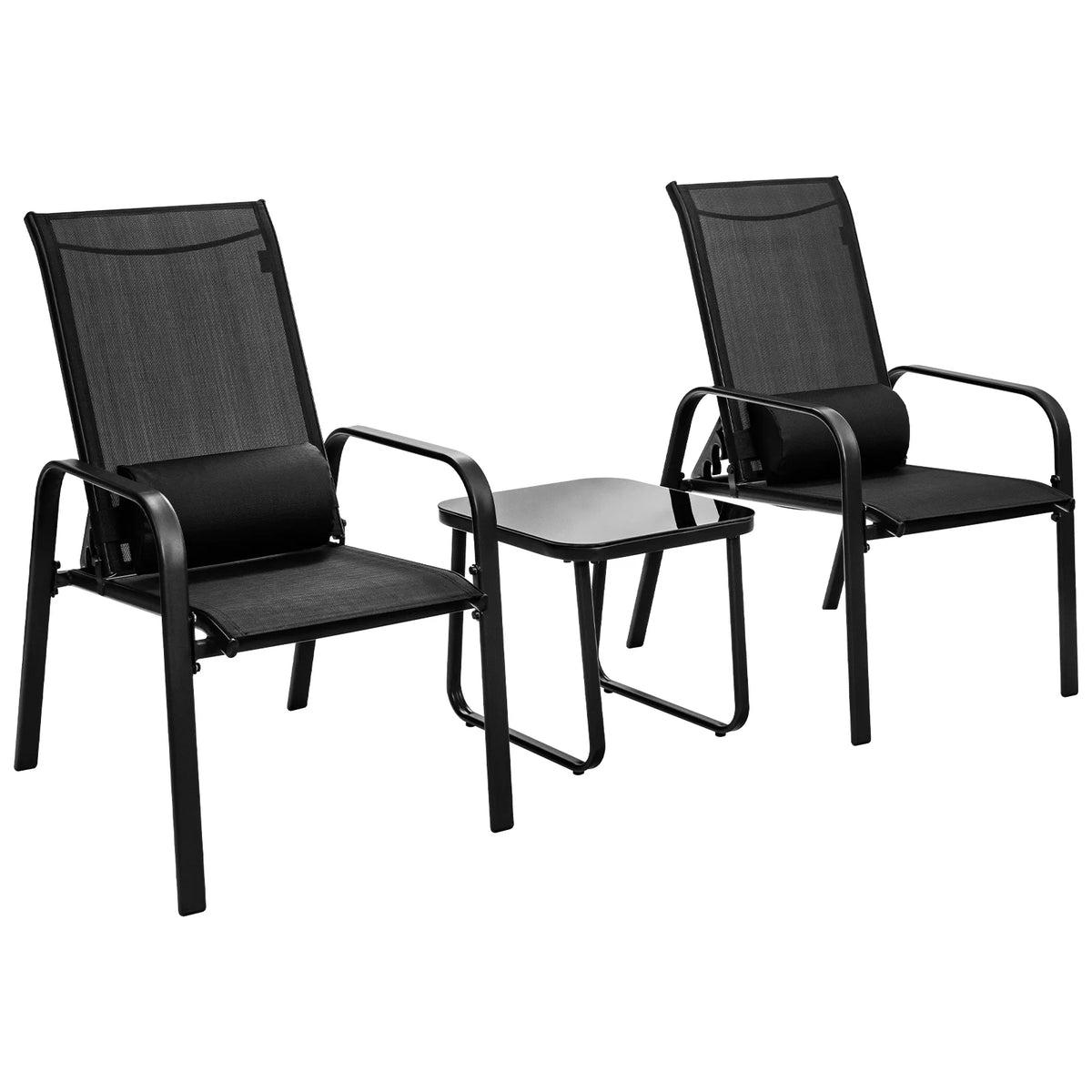 3PCS Adjustable Back Stackable Chairs Side Table Set Black Y49193