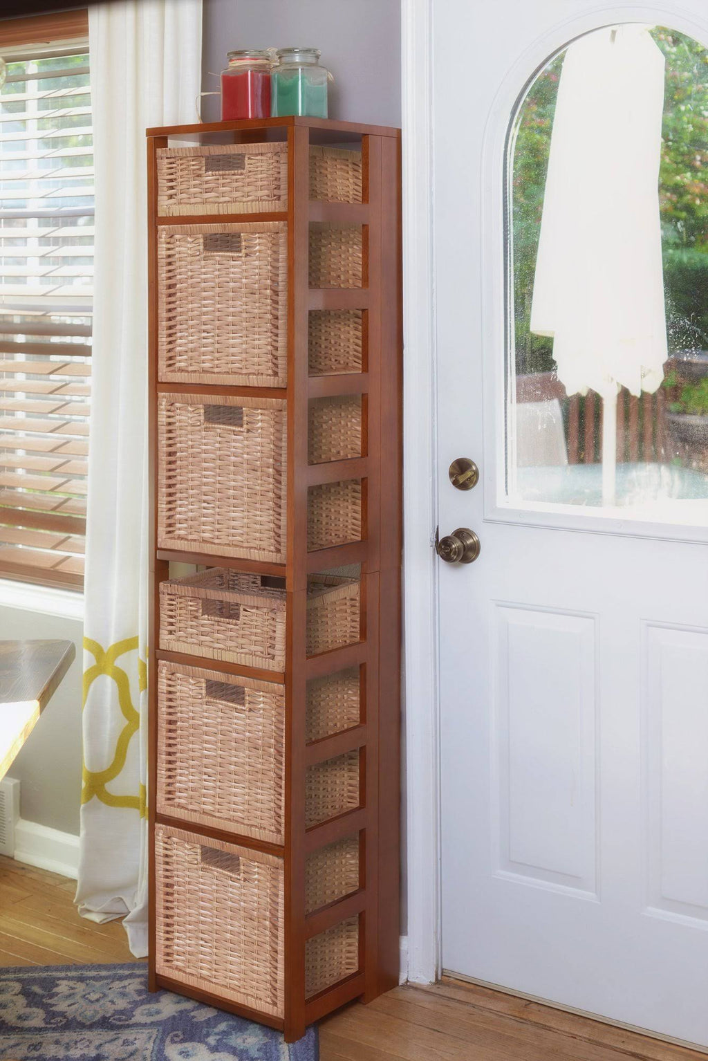 White/Natural Square Folding Bookcase with Wicker Storage Baskets H865