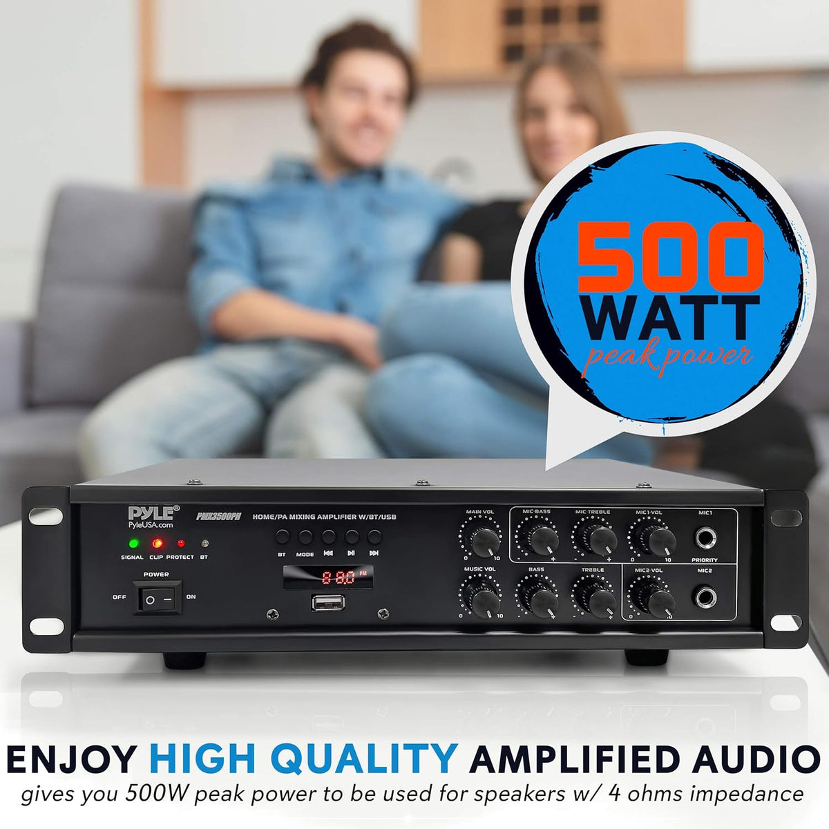 500W Rack Mount Stereo Power Amplifier Receiver with FM Radio, USB, AUX, Mic, Optical, Coaxial E3766