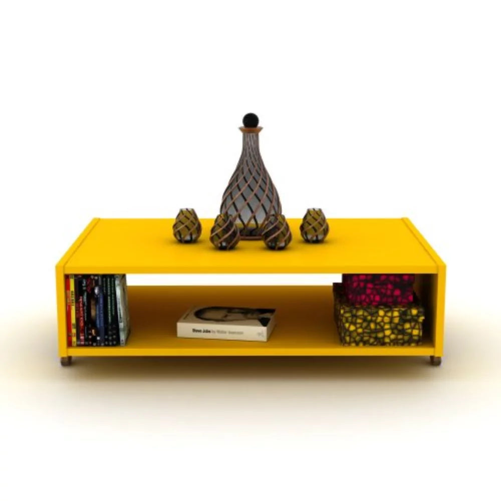 Walnut Yellow Rectangular Wooden Coffee Table with Shelving X977