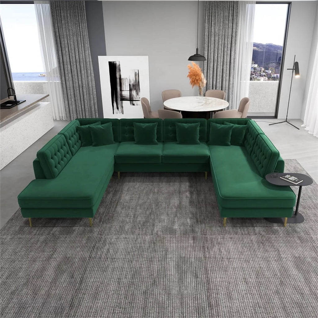 Green Velvet U-Shaped Sectional Couch A376