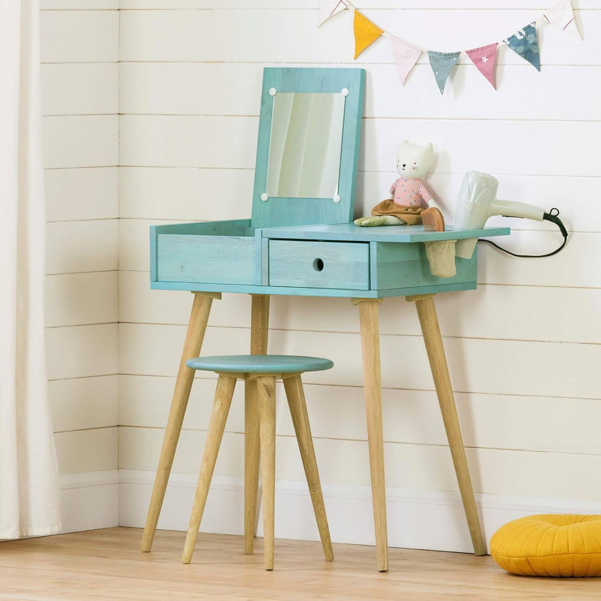 Solid Wood Vanity Table with Stool Set Blue Y49534