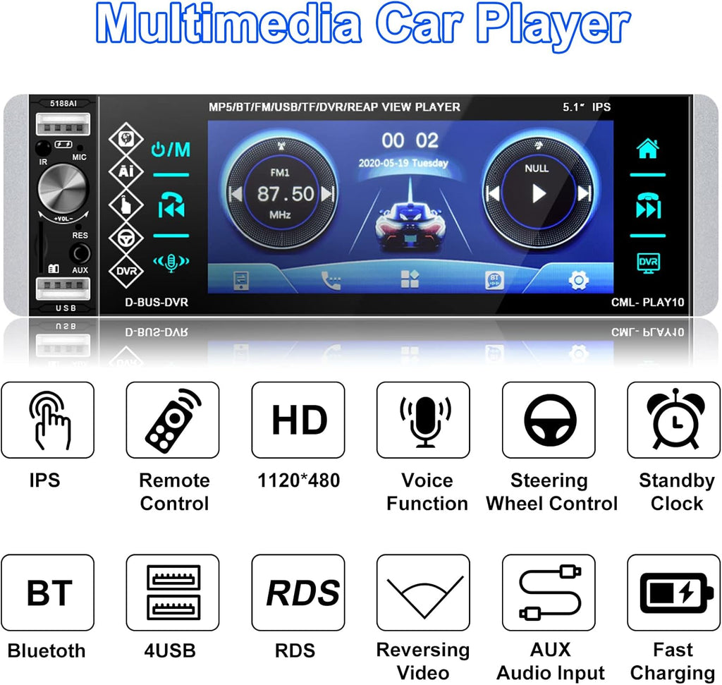 Single Din Car Stereo with 5.1 Inch Touch Screen Backup Camera D8260