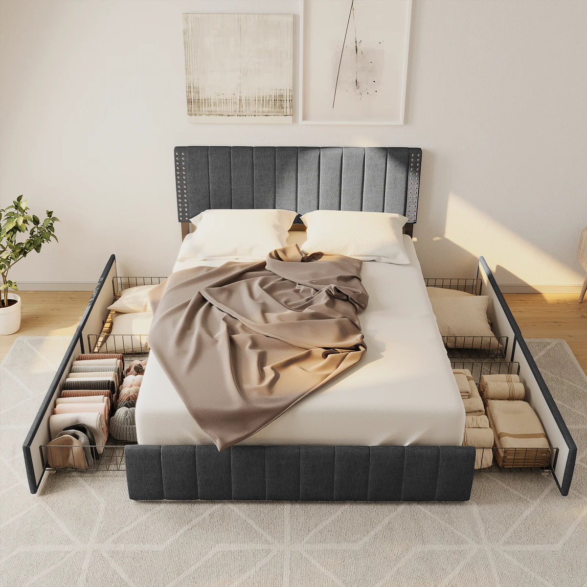 Full Bed Frame with 4 Storage Drawers E2039