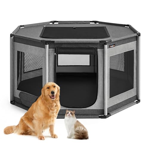 Oxford Fabric Dog Playpen, L, 44.1 x 44.1 x 24.4 Inches, PVC Pipe Frame, Breathable Mesh, Double Openings, Dove Gray and Slate Gray O3922