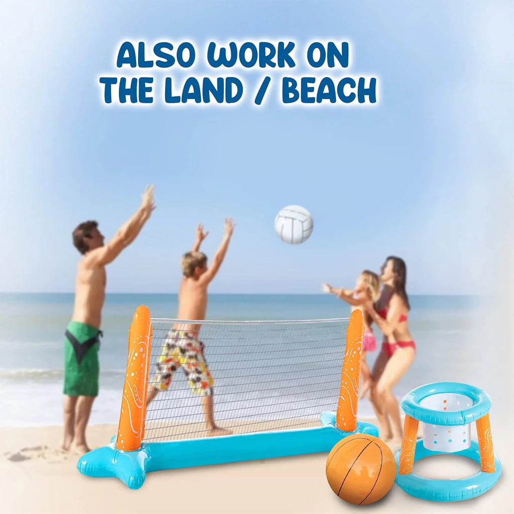 Inflatable Pool Basketball Hoop and Volleyball Set with Pool Net, Weight Bags, Light Blue H7306
