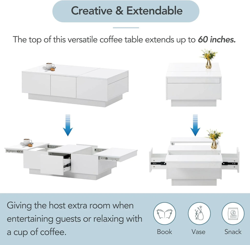 Extendable Coffee Table with 2 Drawers and Sliding Top, 39.3" White A108