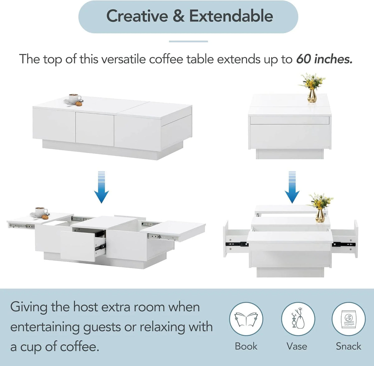 Extendable Coffee Table with 2 Drawers and Sliding Top, 39.3" White A108